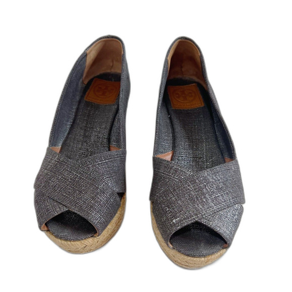 Tory Burch Filipa Canvas Pewter Grey Silver Wedge Espadrille Sandal Size 9 - Picture 6 of 8